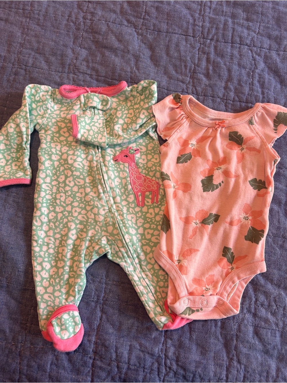 Carter's Mint Green Giraffe Footed One-Piece & Pink Floral Bodysuit Lot.